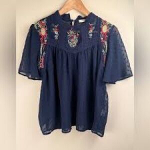 Free Generation LA Embroidered Navy Blue Women's Top